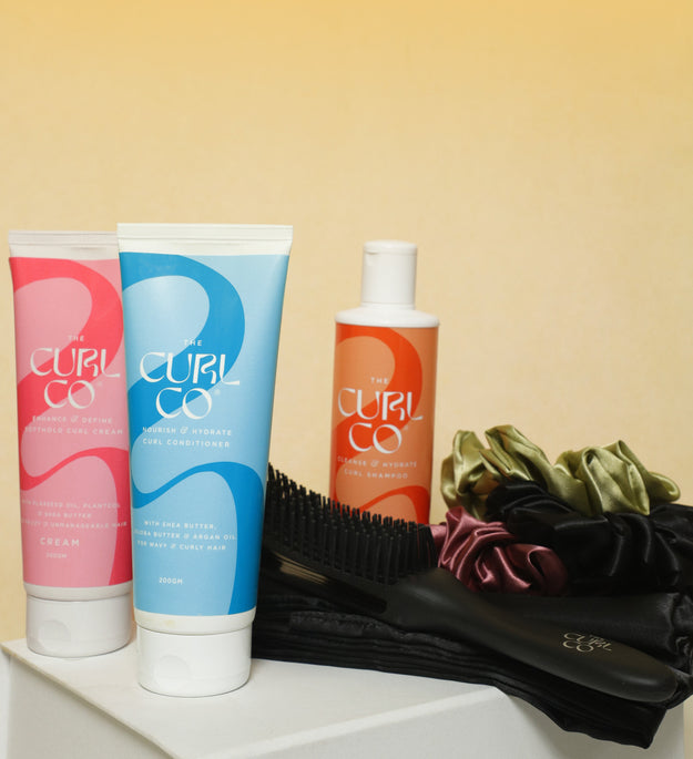 The Curl Co. Complete Pamper Kit For Curly Hair (Shampoo+ Conditioner+ Curl Cream + 3 scrunchies + 1 pillow cover + styling brush)