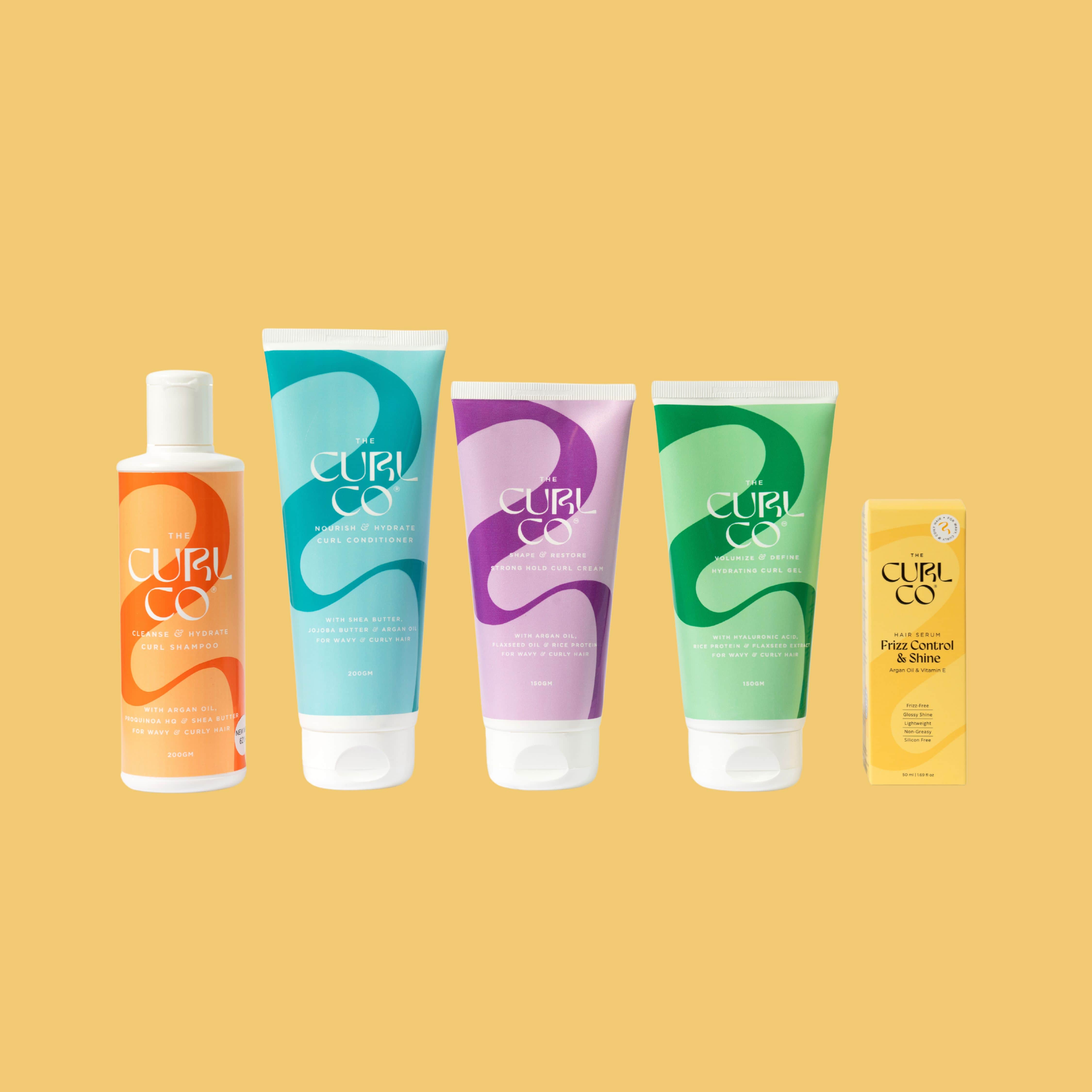 Shampoo + Conditioner + Strong Hold curl cream + Hydrating Gel + Frizz control & Shine Serum - The Curl Co.
