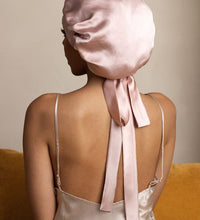 satin hair cap with long ribbons for curly hair